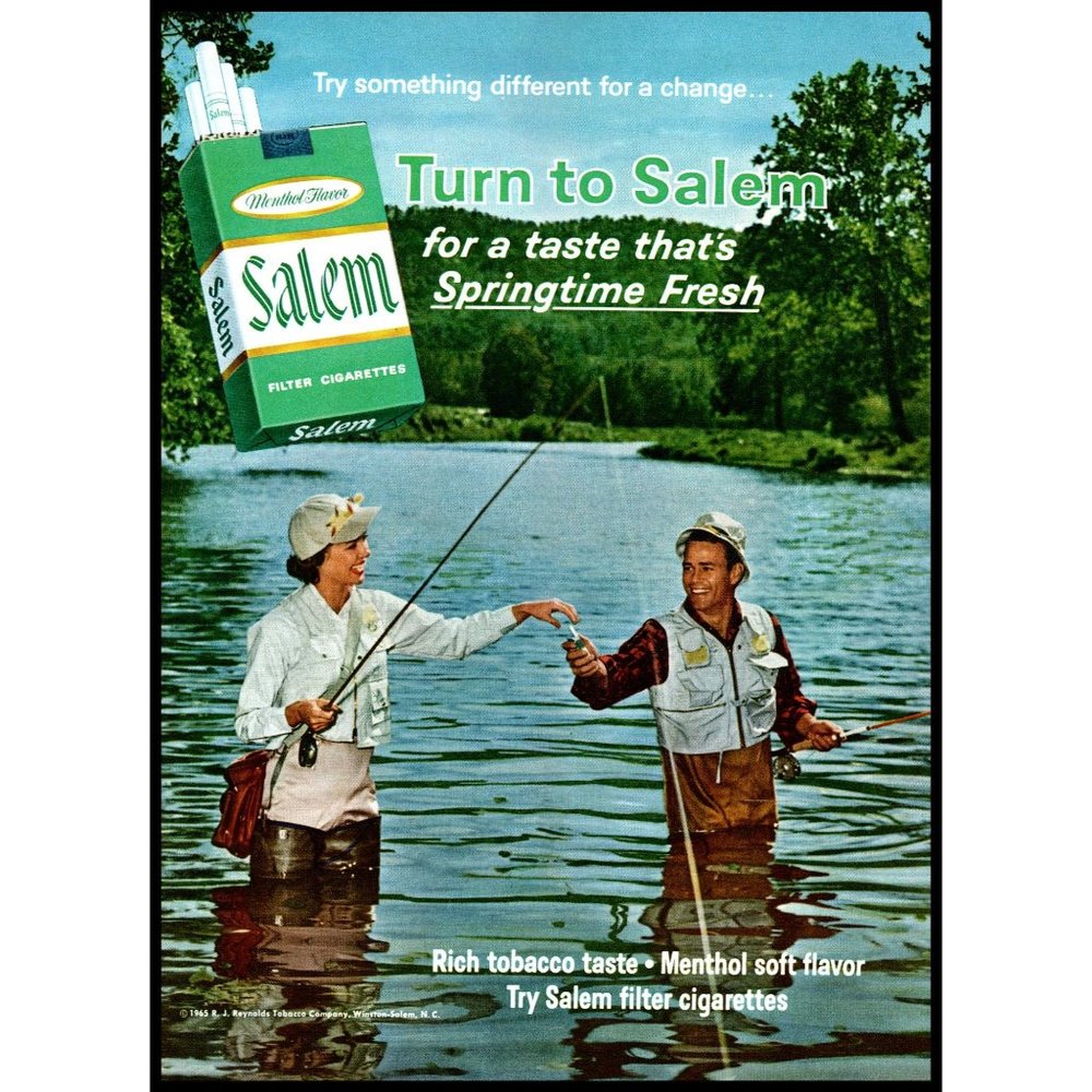 1965 Salem Cigarettes Vintage Print Ad Couple Fly Fishing Rod Nature Wall Art